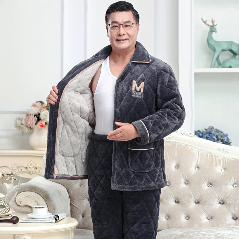 男士冬天加厚棉袄睡衣秋冬季珊瑚绒夹棉中老年人男家居服套装爸爸