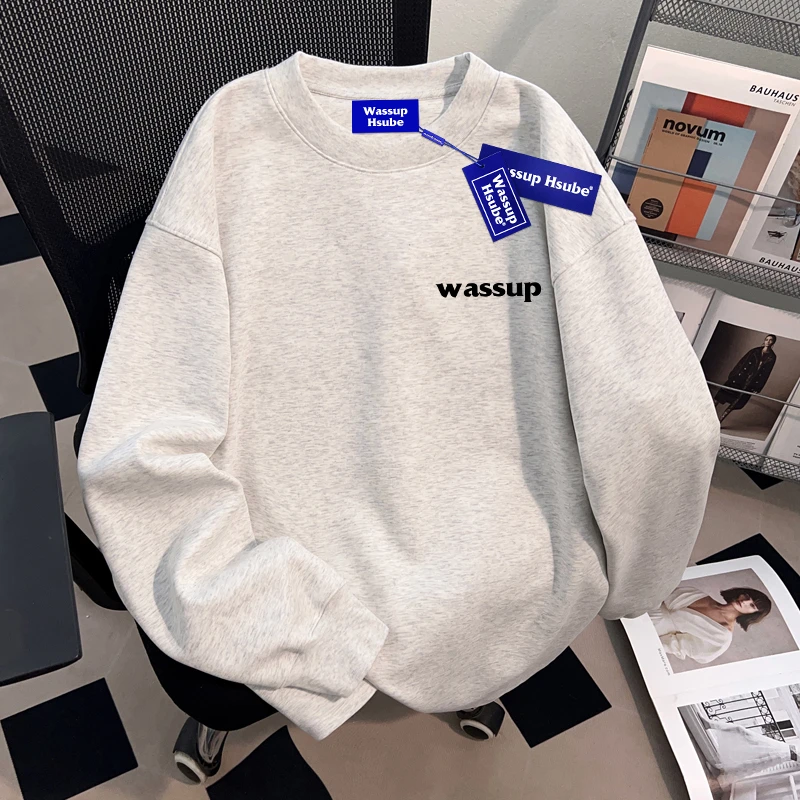 WASSUP HSUBE美式重磅白灰色潮流长袖T恤秋季青少年显瘦宽松上衣