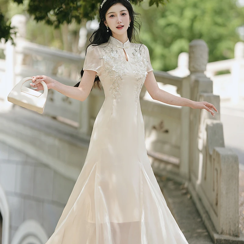 新中式重工刺绣钉珠改良旗袍连衣裙少女显瘦日常可穿仙女长裙6995