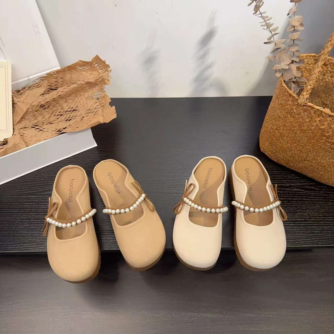 【】法式气质简约珍珠蝴蝶结百搭时尚厚底包头拖鞋女外穿凉拖鞋女