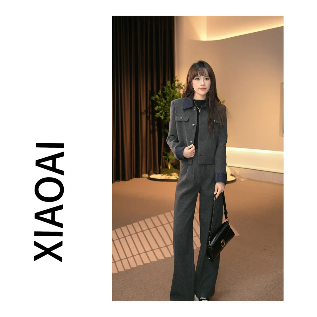 A  POLO领牛仔拼接2024冬高级感羽绒拼接外套+直筒裤套装女BN0389