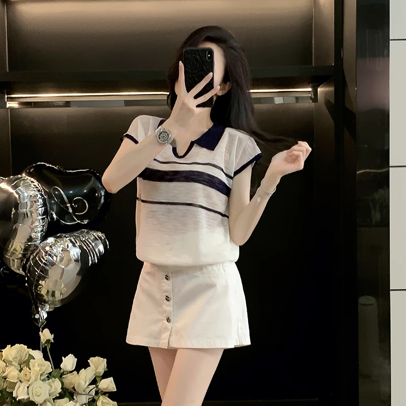 条纹短袖宽松针织衫T恤女装夏季小个子时尚减龄新款简约薄款体恤