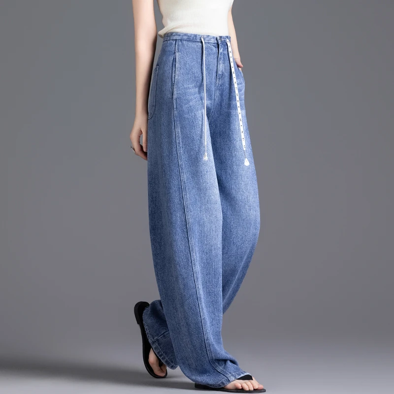 莱赛尔天丝垂感牛仔裤女弯刀裤女2025春夏新款高腰宽松阔腿镰刀裤