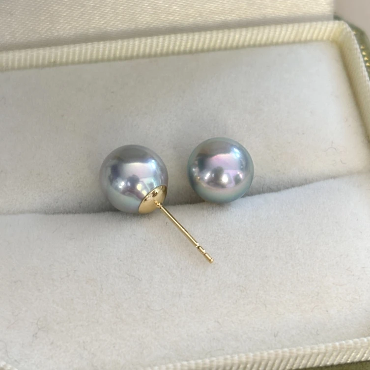 欧若风珠宝18K金 真多麻8-9mm耳钉