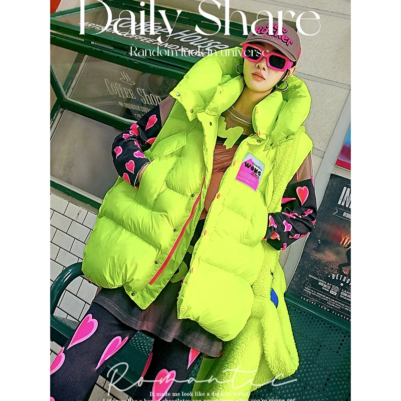 荧光绿彩色休闲防寒马甲冬款玫红字母贴布连帽加厚棉服外套JYF35