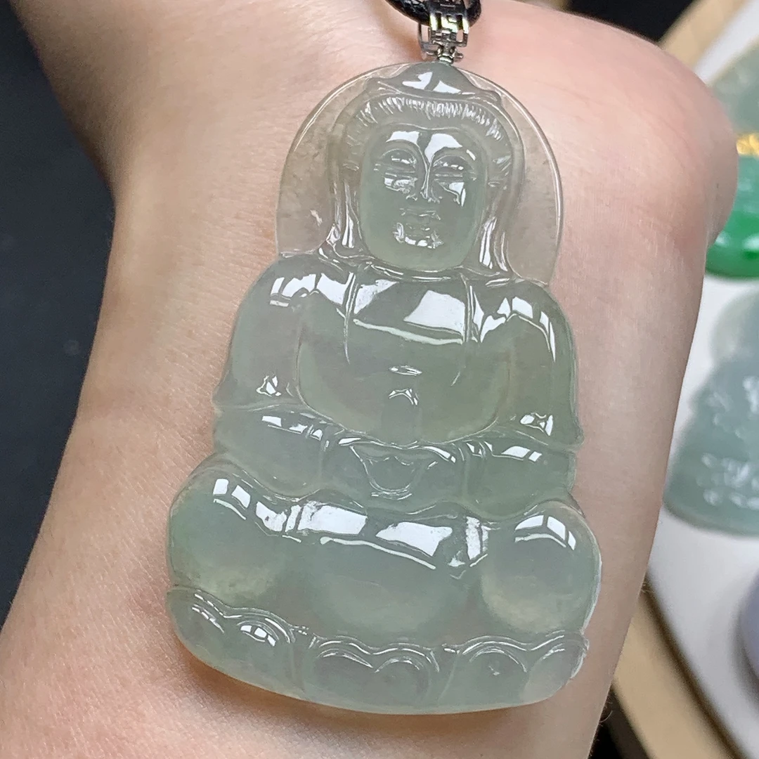 缅甸天然A货翡翠18K金扣头镶嵌冰种起胶观音吊坠