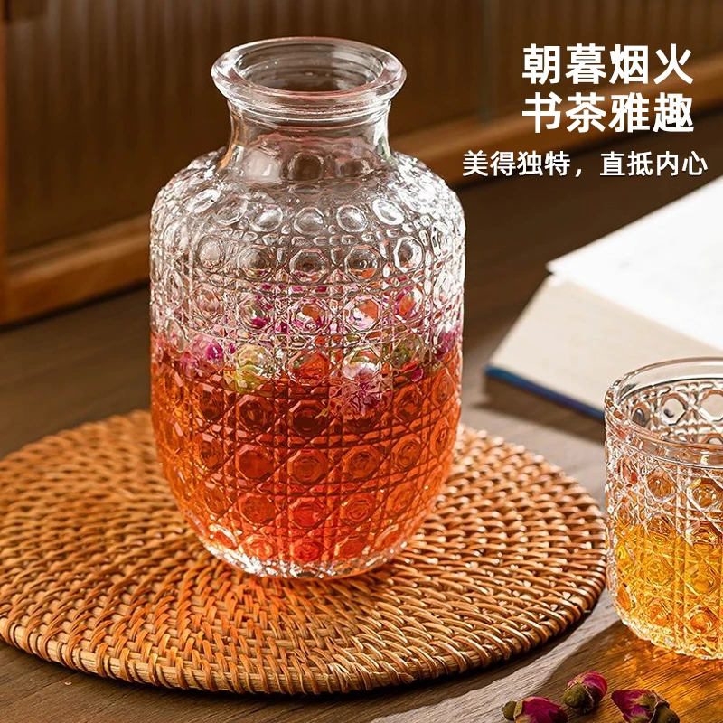 复古浮雕冷水壶玻璃凉水壶夏季饮品冷泡瓶杯家用果汁果茶壶套装gc