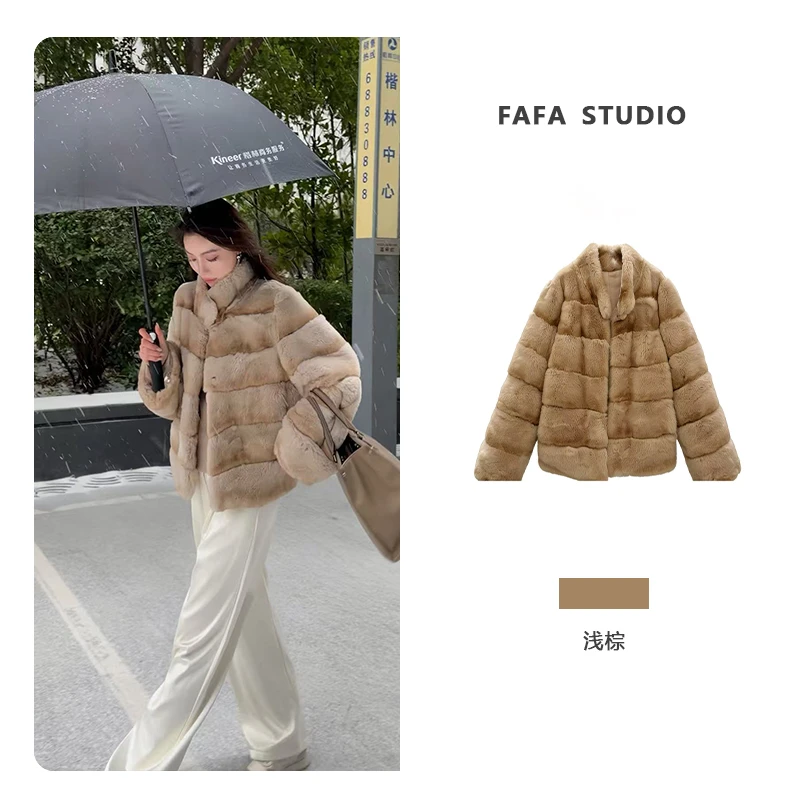 FAFA STUDIO 短款晕染皮草棕色系立领轻奢时尚休闲商务设计师冬季