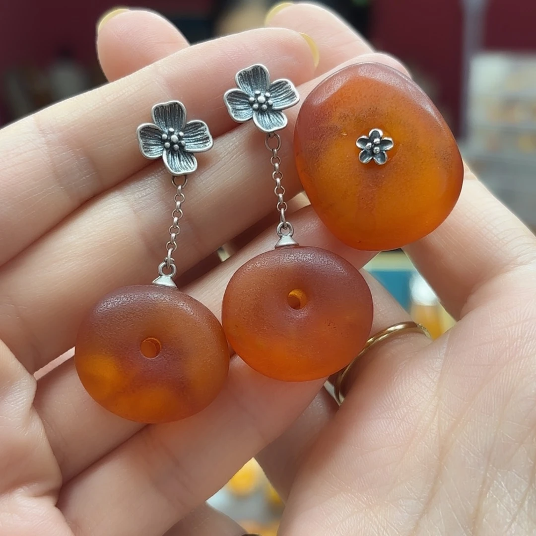 银S925镶嵌琥珀耳饰套装