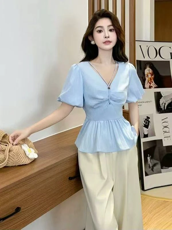 【慕妍专属】62170（衣长52）夏季新款减龄纯色V领小众上衣衬衫