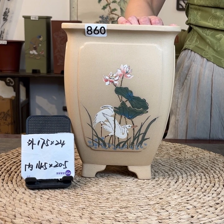 紫砂花盆  放漏白玉段彩绘白鹭奎面签筒860
