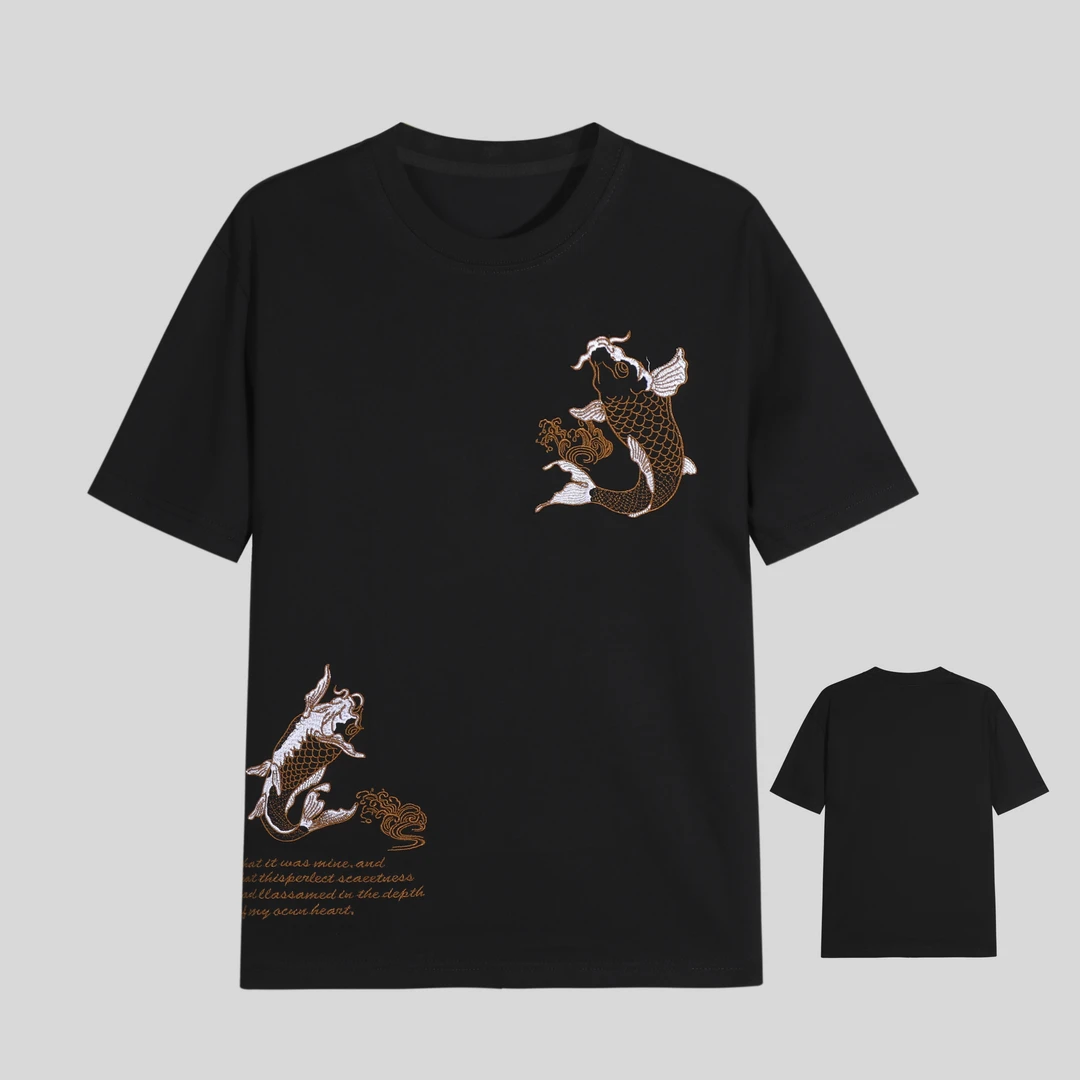 342国潮中国风重工锦鲤刺绣高级感轻奢男T恤短袖爆款半袖体恤