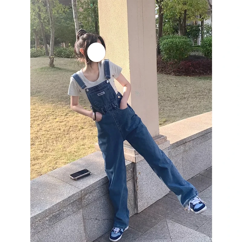蓝色连体背带裤女夏季2025年新款高腰宽松显瘦小个子减龄直筒裤女