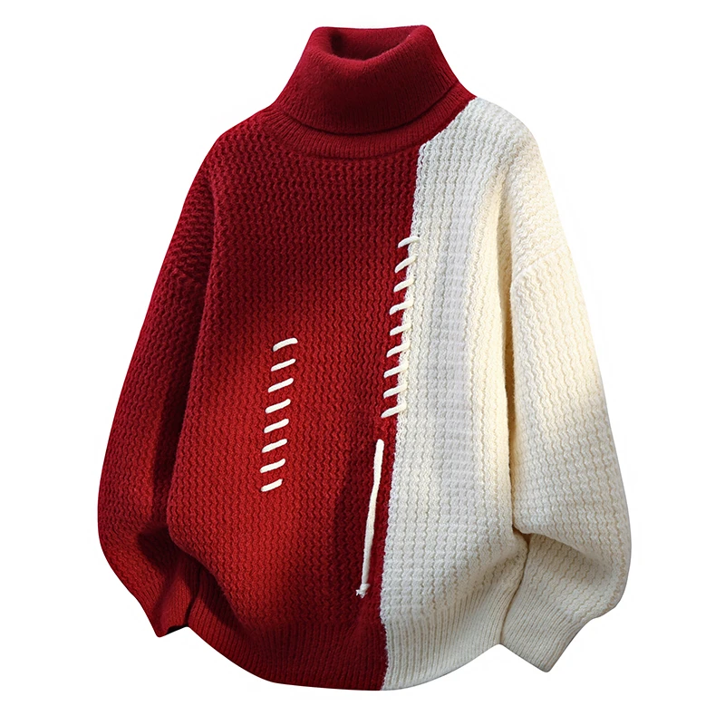 红色高领毛衣男青少年拼接秋冬季加厚保暖学生针织打底衫男装上衣