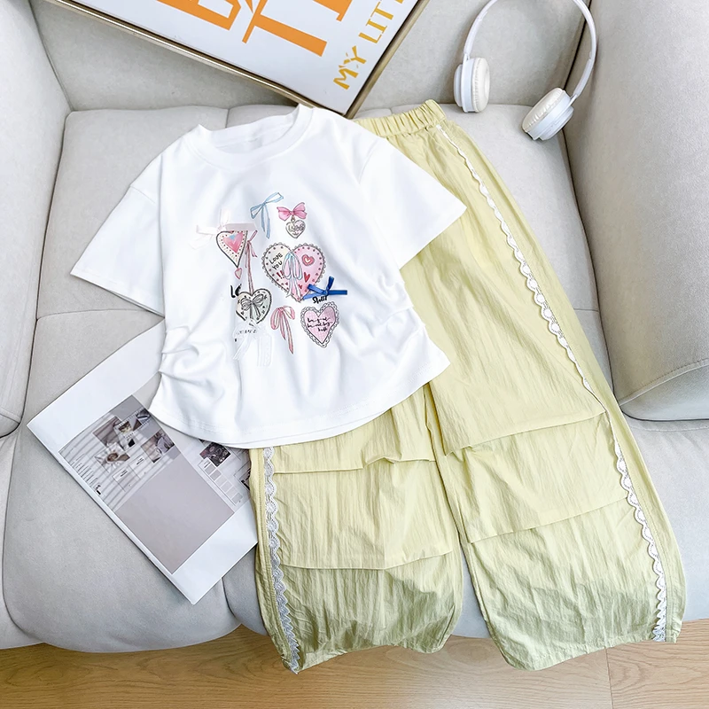 夏季新款女童短袖长裤套装百搭两件套洋气宽松童装zb5700简约童品