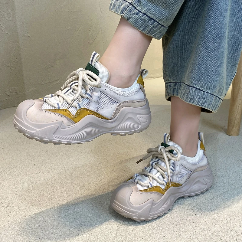 运动休闲鞋女夏季真皮厚底百搭单鞋时尚镂空透气网面鞋T6728-53