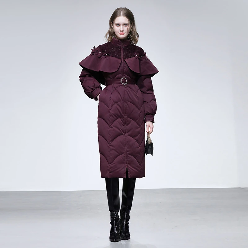 DF-冬立领小香粗花呢拼接立体花点缀系带收腰羽绒服H-DC10129345