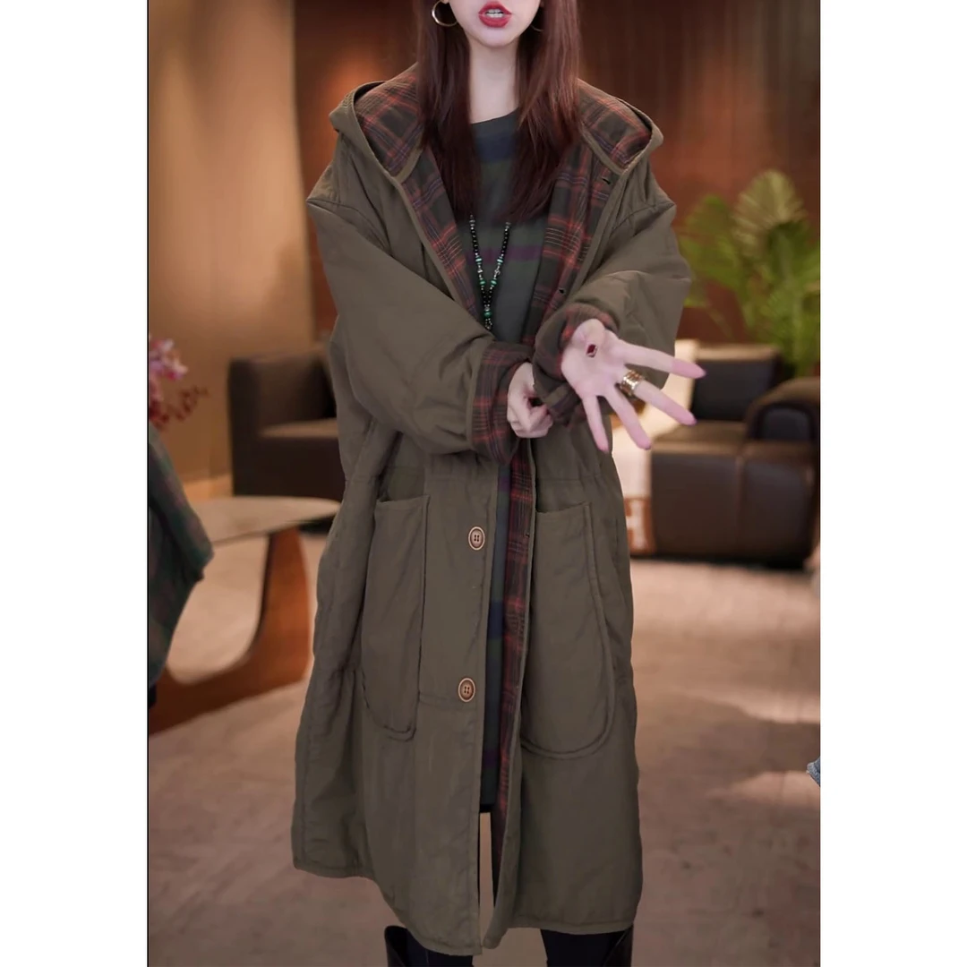 时尚宽松显瘦双面穿连帽棉服2025年秋冬新款中长款加厚保暖棉衣女