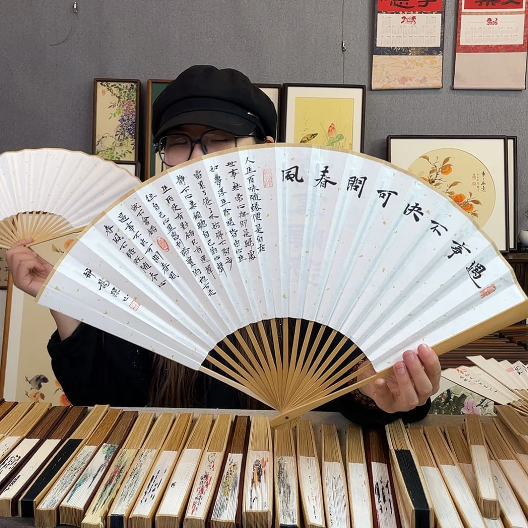 国画95寸玉竹-纯手绘-文玩扇骨（默认粘好）