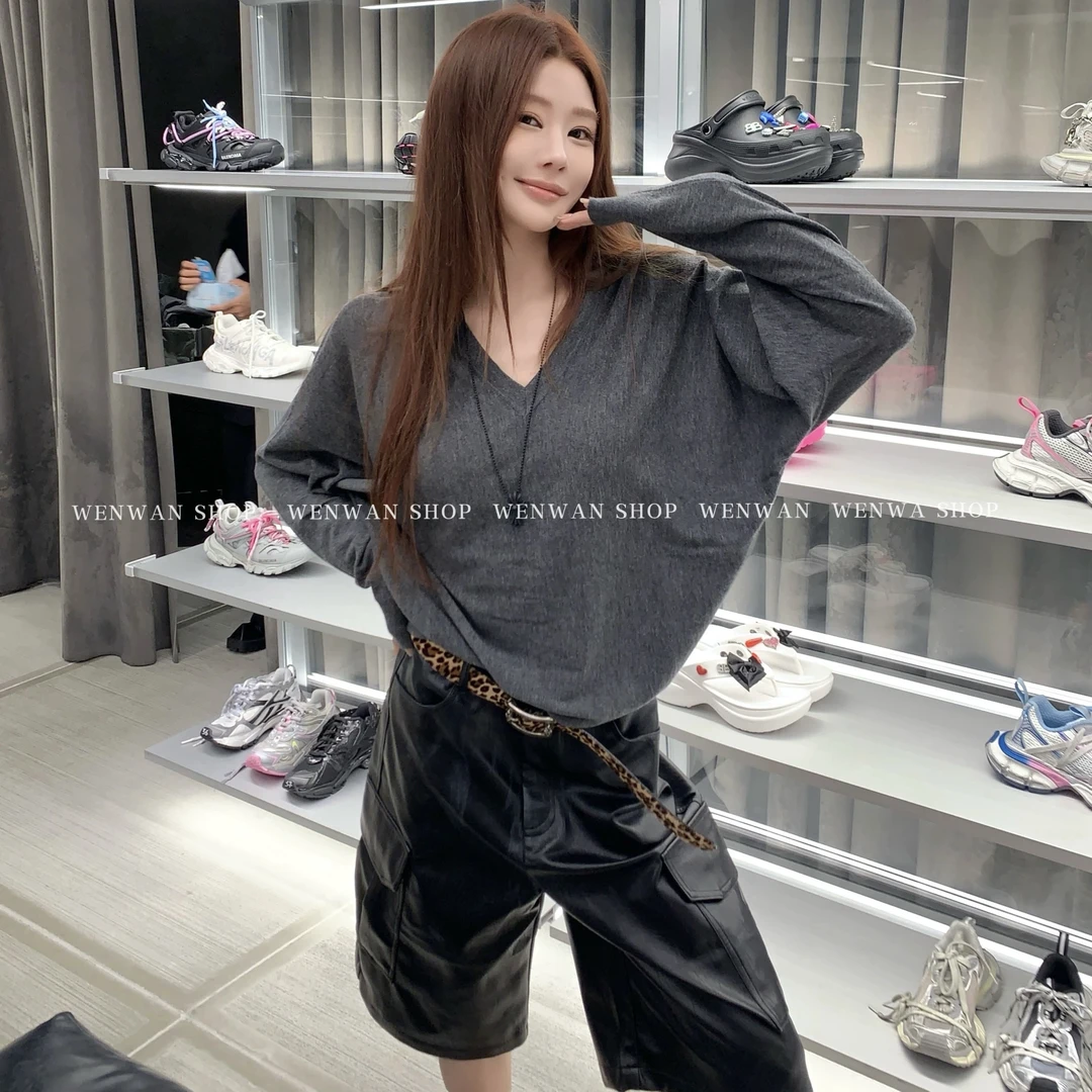 【超有范】随性松弛感‌休闲v领廓形打底上衣长袖T恤