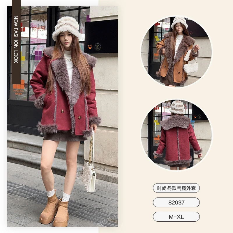 【珊珊】冬季时尚新品气质保暖百搭皮毛一体外穿外套上衣-82037