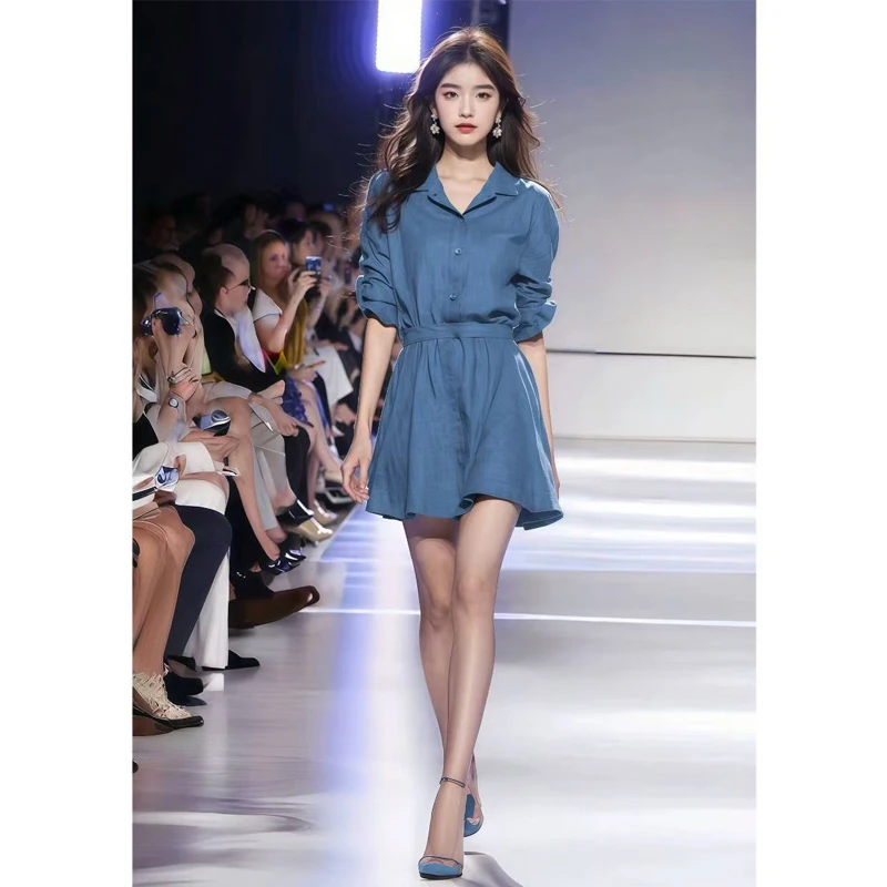 法式茶歇气质超好看收腰蓝色连衣裙2024年夏季新款绝美小裙子