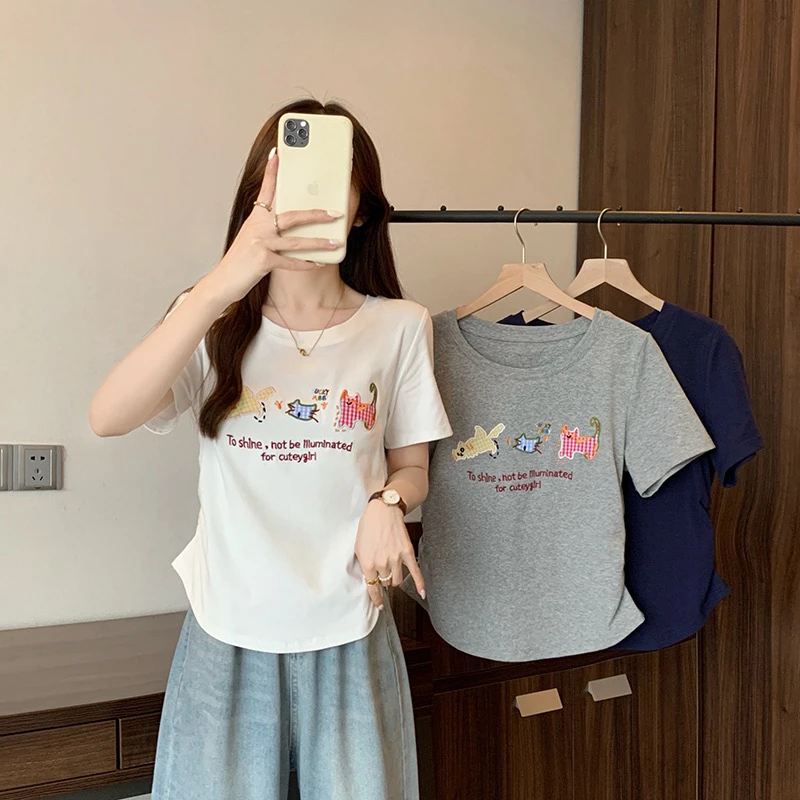 设计感卡通贴布字母刺绣短袖T恤女夏季微胖妹妹大码遮肚洋气上衣