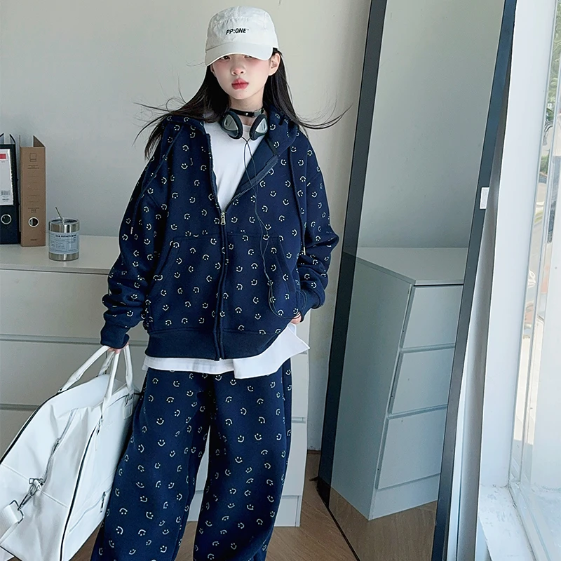 女童春秋连帽开衫休闲裤套装中大儿童印花宽松长袖外套直筒裤套装