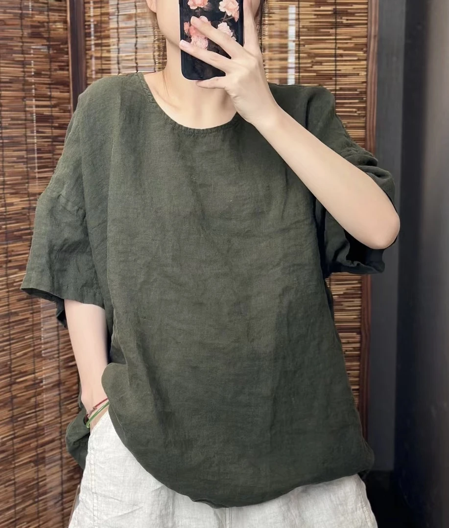 夏季亚麻炒色简约圆领纯色休闲女装上衣(长67胸围130)