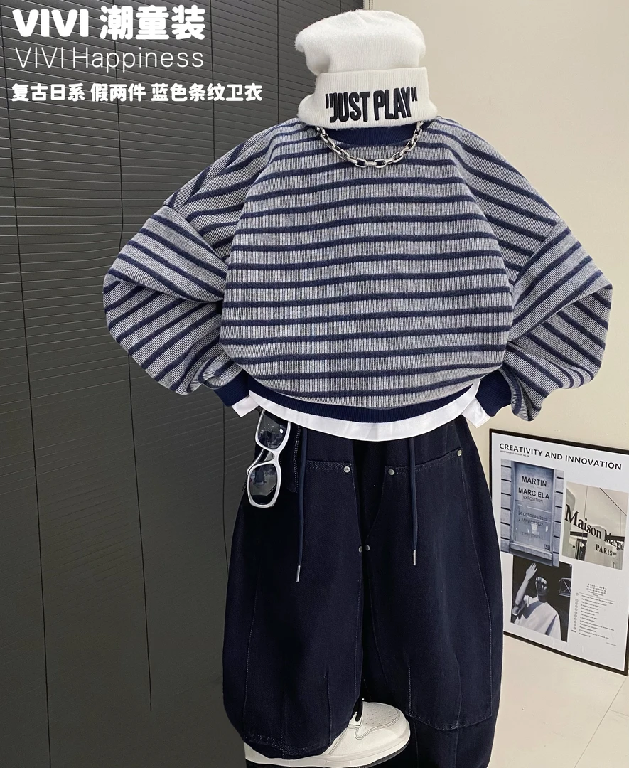 VIVI童装【条纹控】2025秋冬亲子装中大童假两件蓝灰条纹圆领卫衣