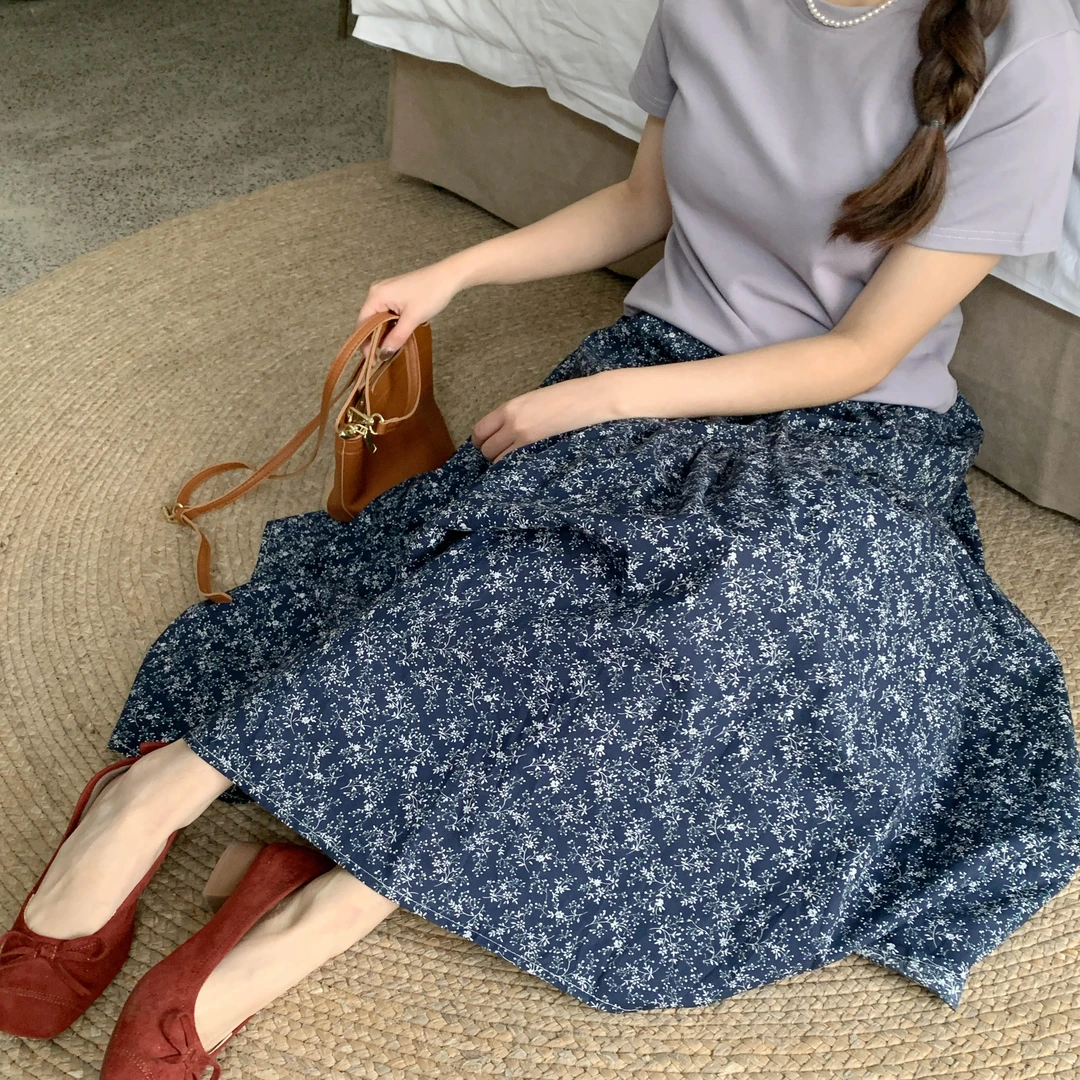 心蓝家 田园诗集复古碎花半身裙女高腰显瘦中长款裙子小个子150XS