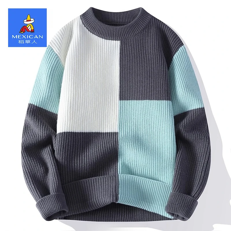 稻草人2024冬季新款加绒圆领毛衣男宽松慵懒风拼色保暖针织打底衫