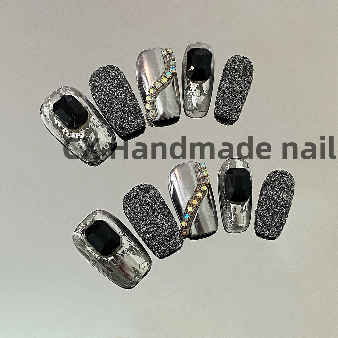 【黑方块】小香风短款穿戴甲简约穿戴甲手工魔镜穿戴甲黑色系穿戴甲