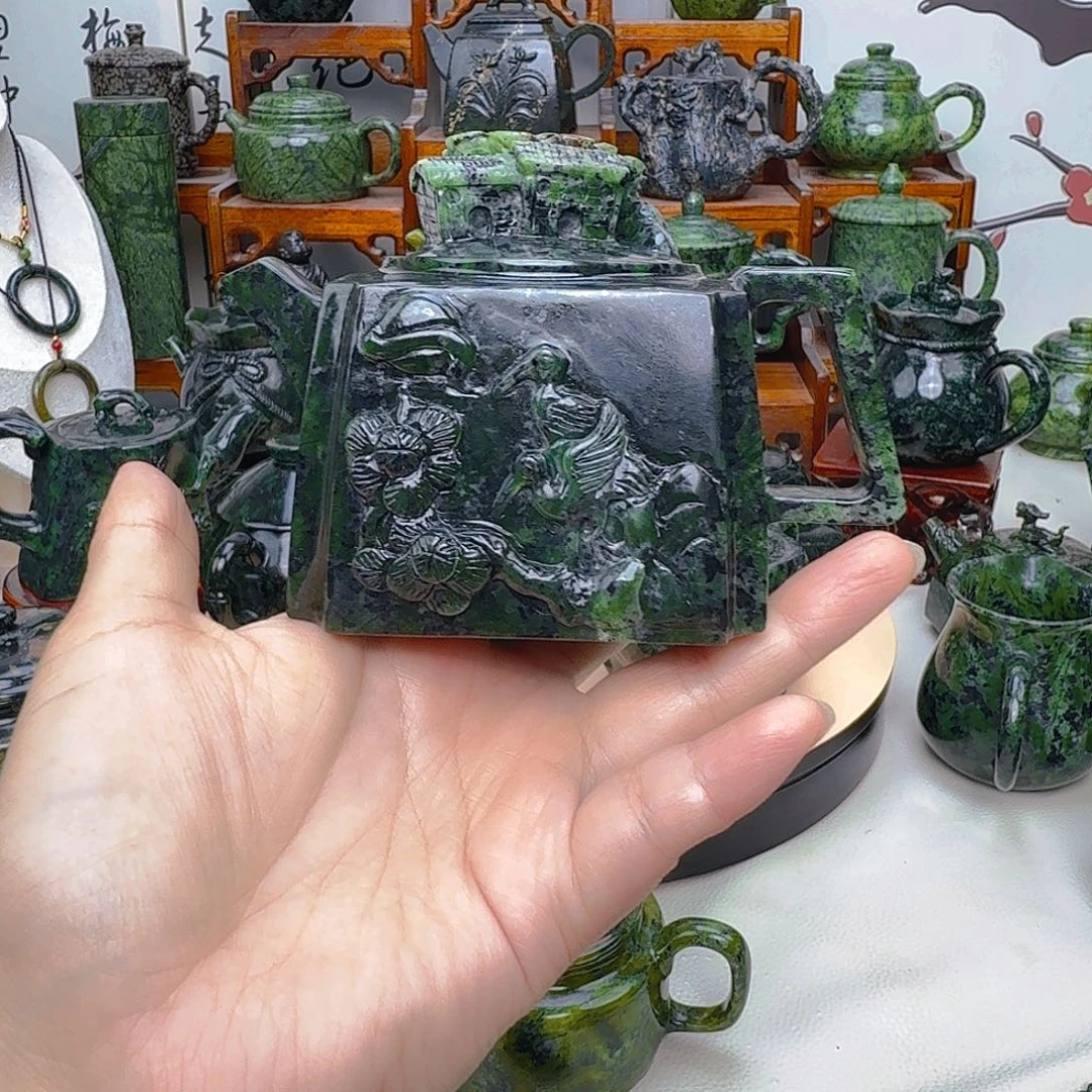 青***甬蛇纹石玉未镶嵌藏玉药王石茶壶
