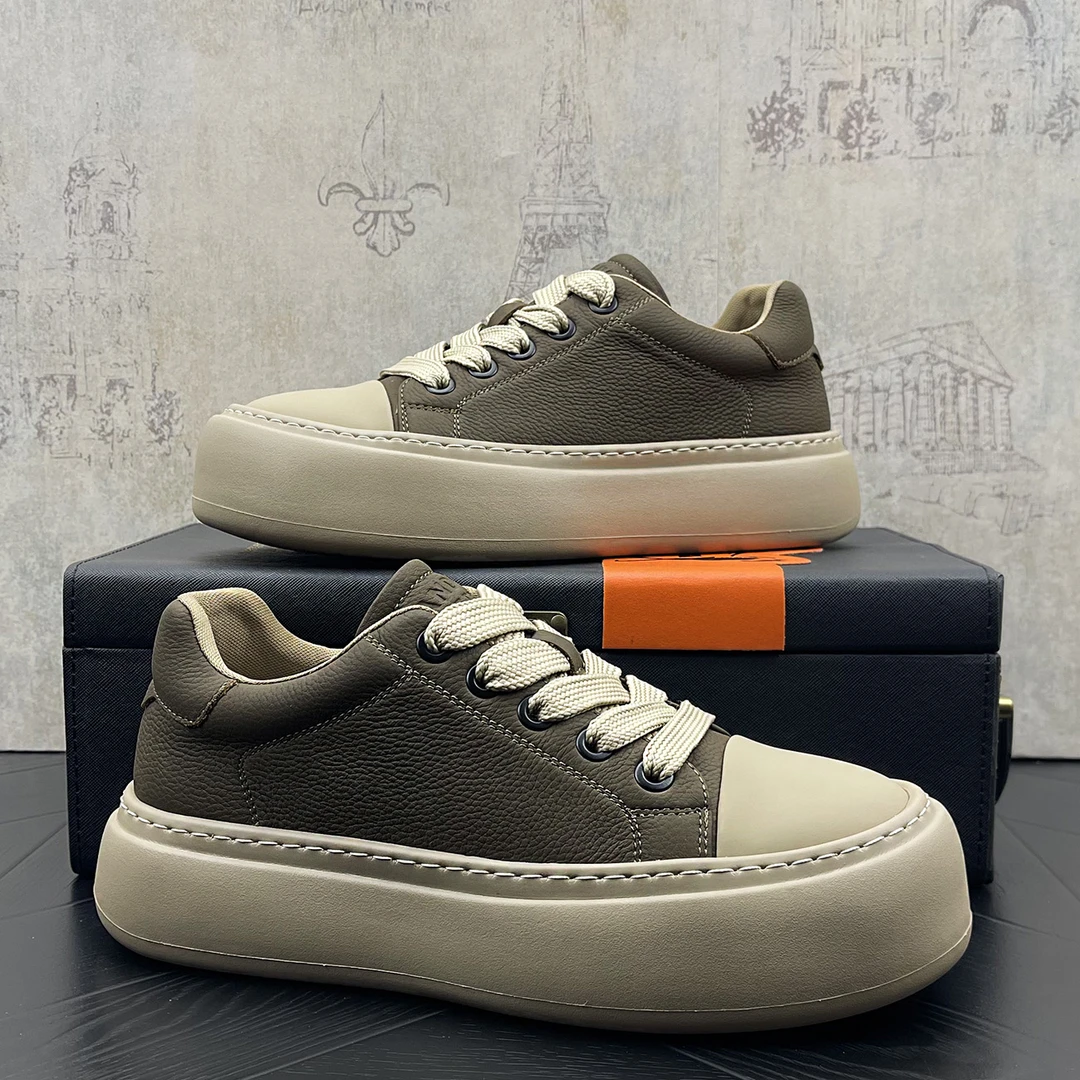 欧洲站男鞋2025新款秋季透气皮面运动鞋厚底板鞋头层牛皮透气真皮