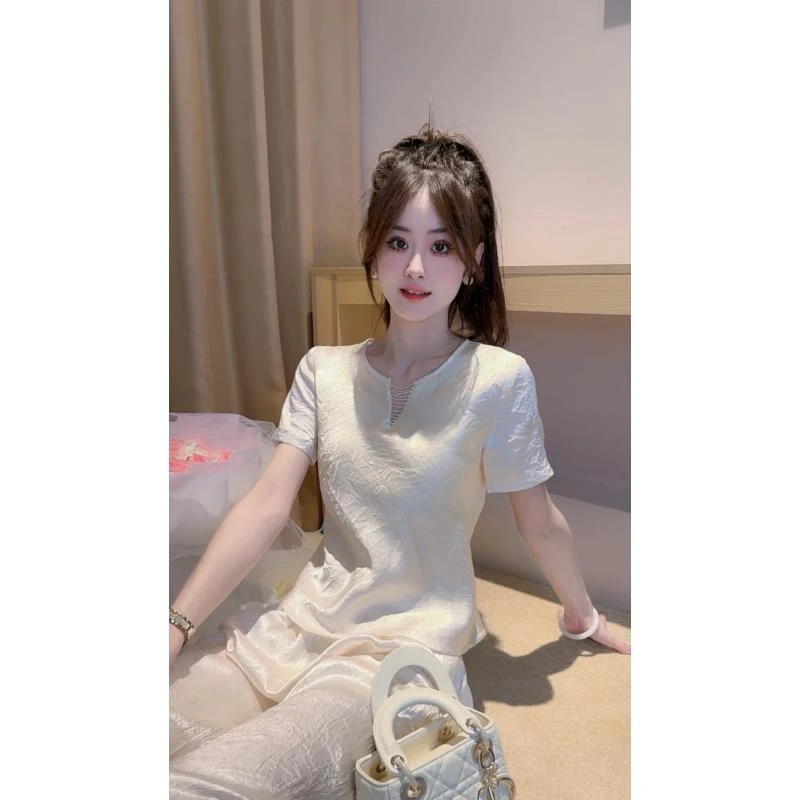 Ling【锦缎】2025夏季洋气显瘦气质百搭时尚半袖休闲T恤