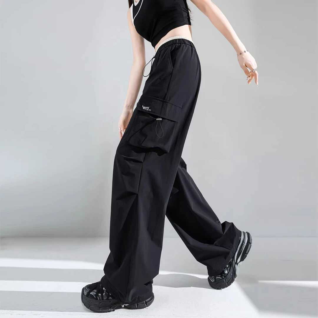 冰丝速干运动工装裤女2025夏季薄款美式休闲高腰登山冲锋阔腿长裤