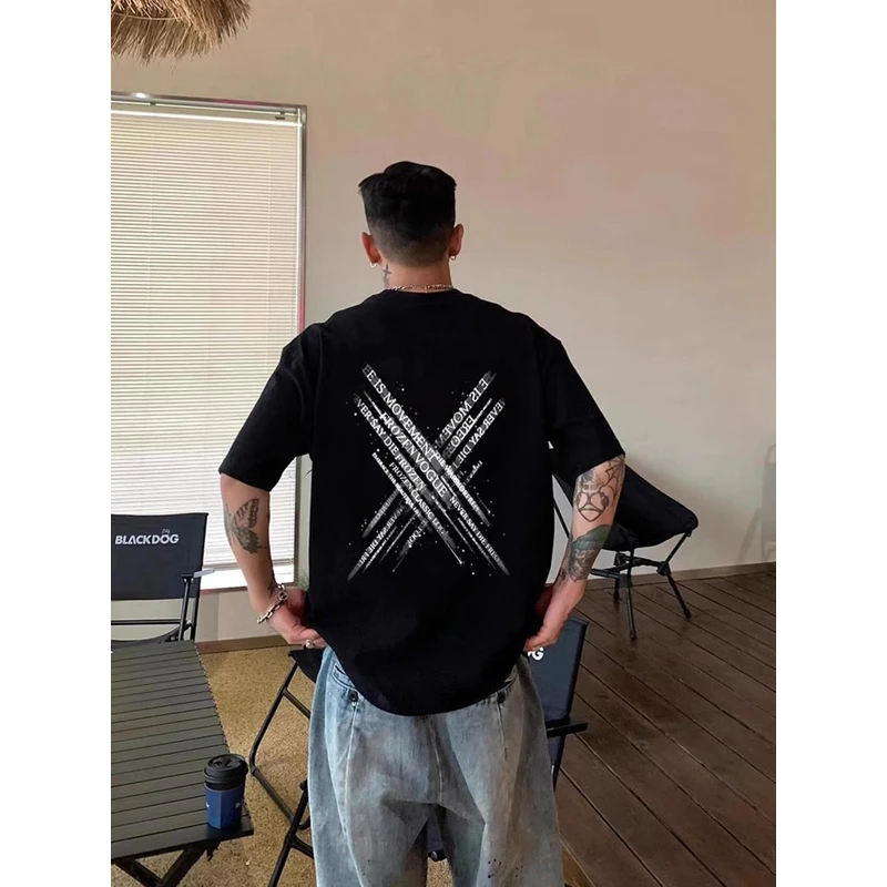 欧美式潮牌嘻哈正肩印花短袖t恤男时尚百搭重磅纯棉小领口上衣夏
