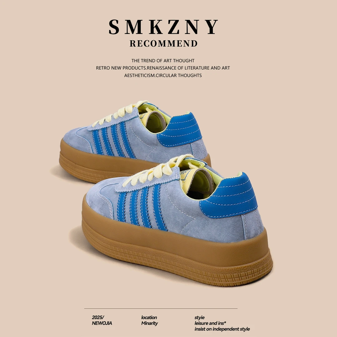 蓝色厚底德训鞋女真皮系带休闲板鞋百搭显脚小运动鞋2026春季新款