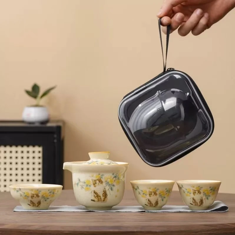 A桂花猫汝窑一壶三杯旅行茶具-0808