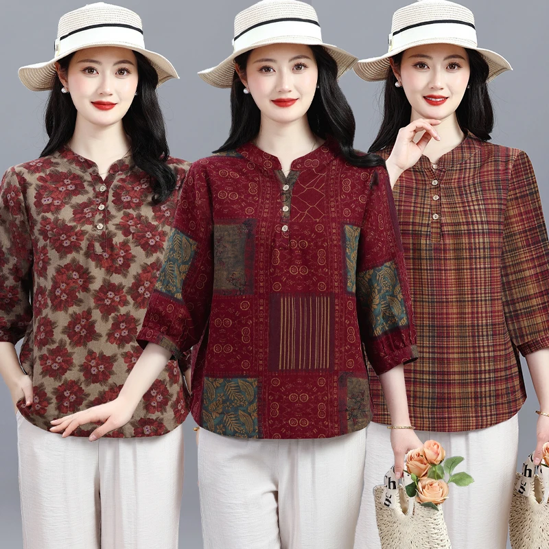 春夏棉麻七分袖小衫女气质宽松显瘦灯笼袖上衣中年妈妈装V领设计