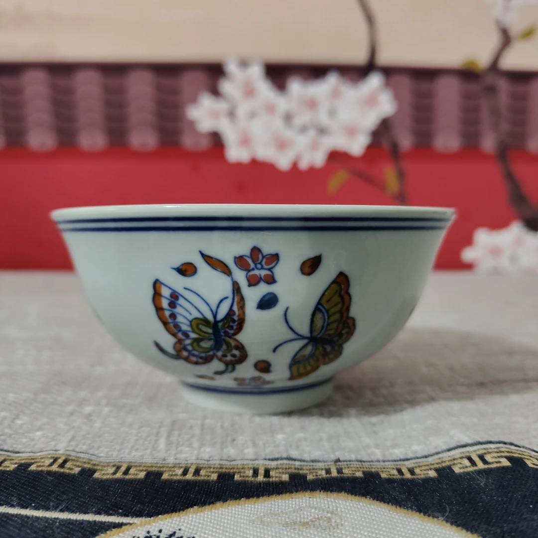 绿稀土青花斗彩蝶恋花双喜陶瓷碗景德镇柴窑手绘赏碗陶瓷赏碗