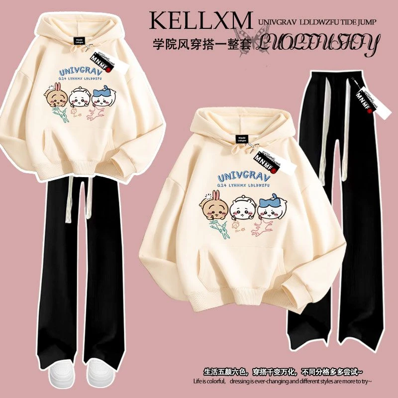 秋冬季吉伊卡哇仿刺绣女童连帽卫衣长裤套装中大童百搭洋气两件套