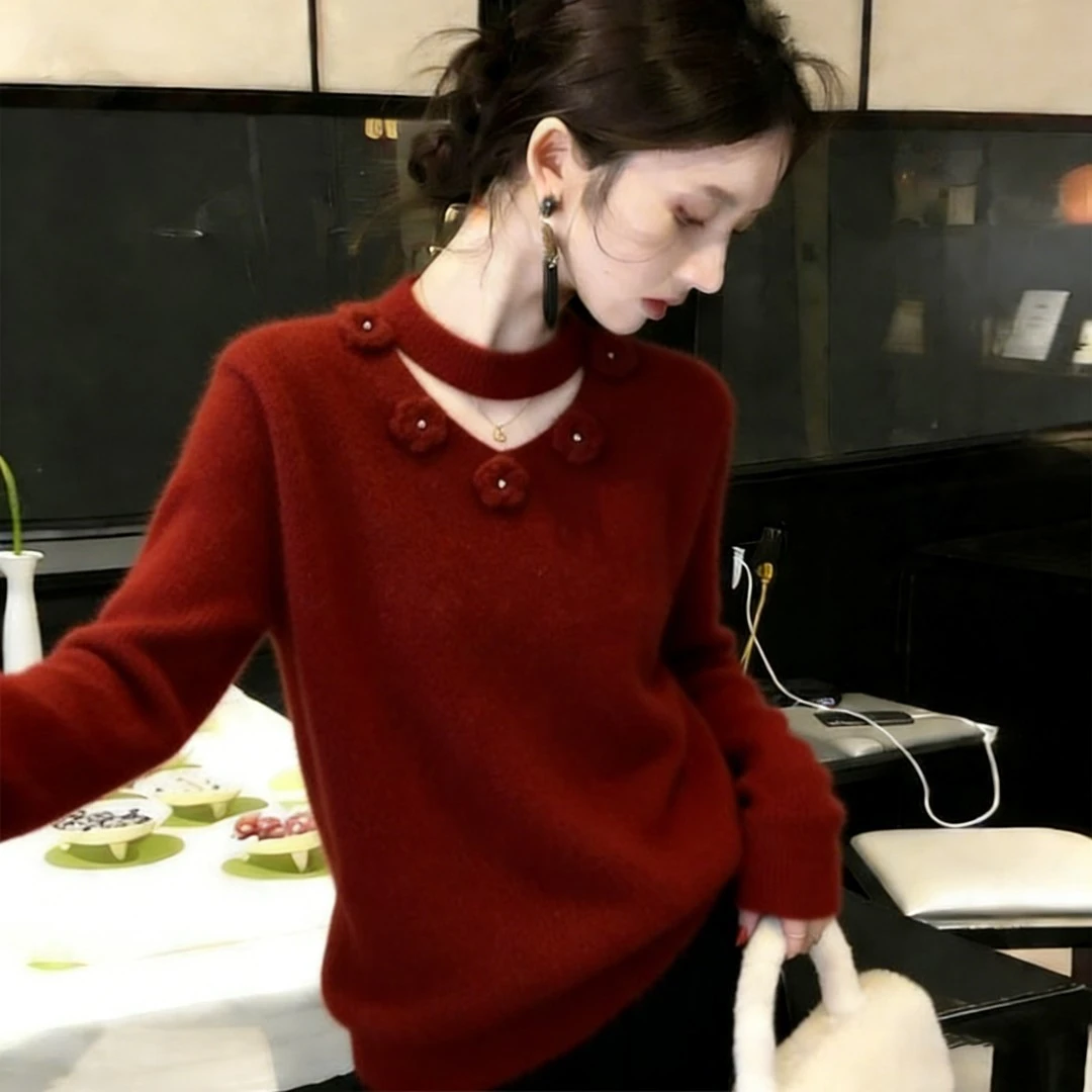 设计感显瘦洋气跨年巨好看针织衫秋冬新年红色氛围感立体花朵毛衣
