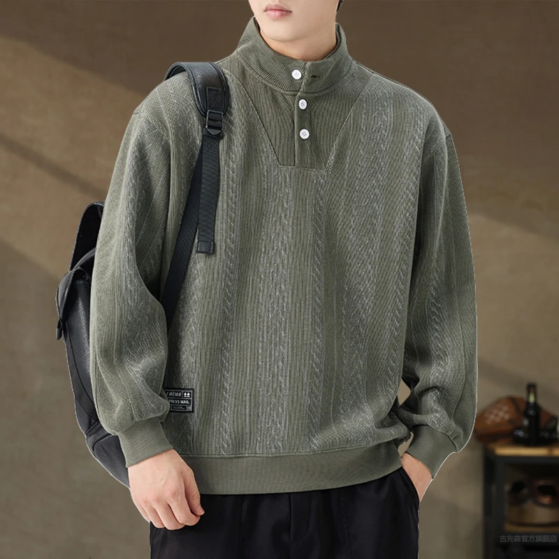 设计感美式高端半排扣立领POLO衫男秋季新款宽松休闲重磅400g卫衣