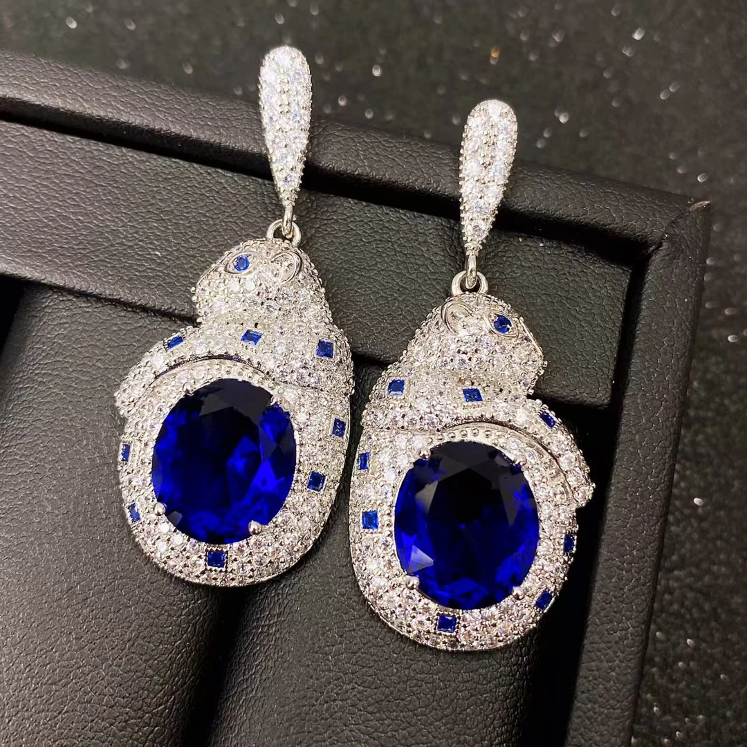 铜合金合成锆石耳饰 铜合金合成立方氧化锆蓝色耳饰7176-1轻奢