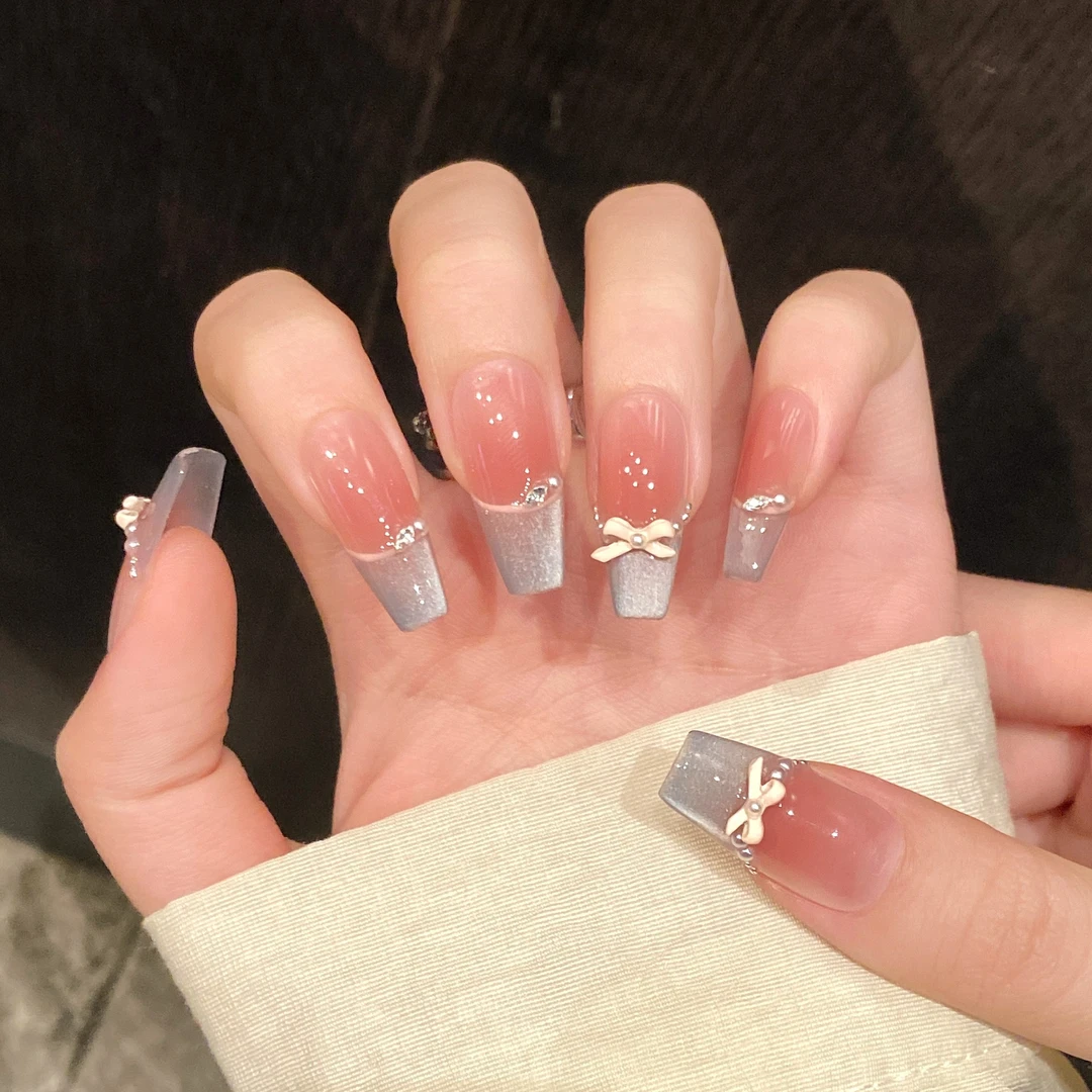 春日蝴蝶结猫眼法式气质温柔纯欲风少女显白纯手工穿戴甲气质美甲