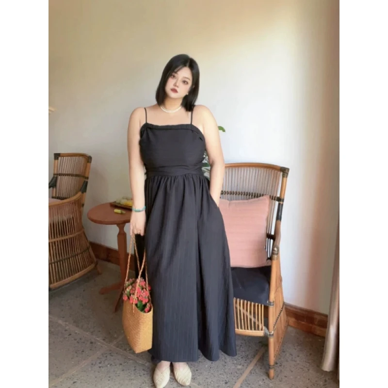 大码黑色修身显瘦a字长裙吊带连衣裙女 胖MM赫本风气质小黑裙裙子