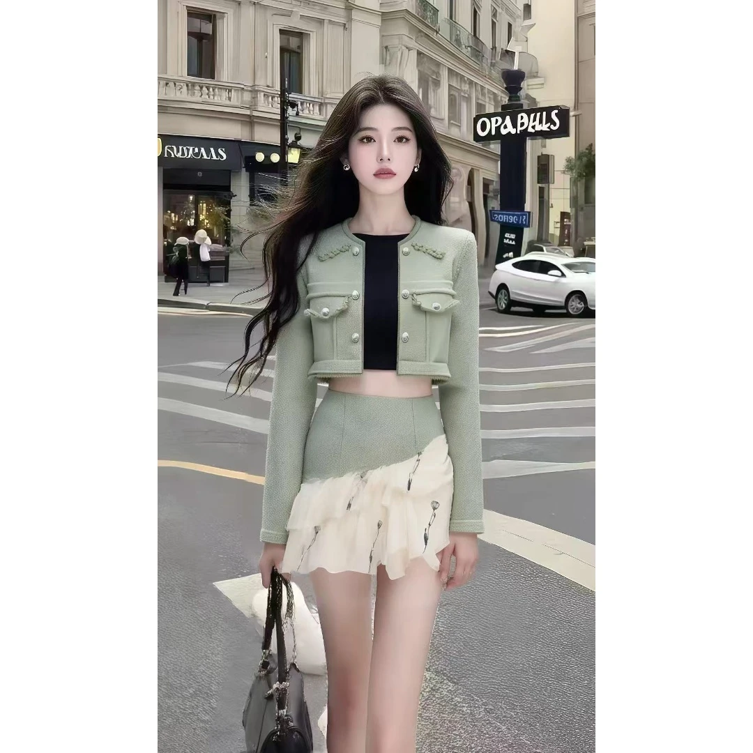 轻奢小香风千金风气质穿搭短款长袖百搭外套+不规则半身裙两件套