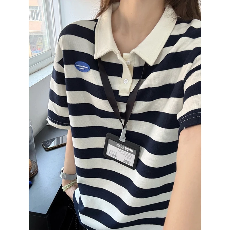 美式复古蓝白条纹polo衫男夏季潮牌高级感短袖青少年宽松休闲T恤